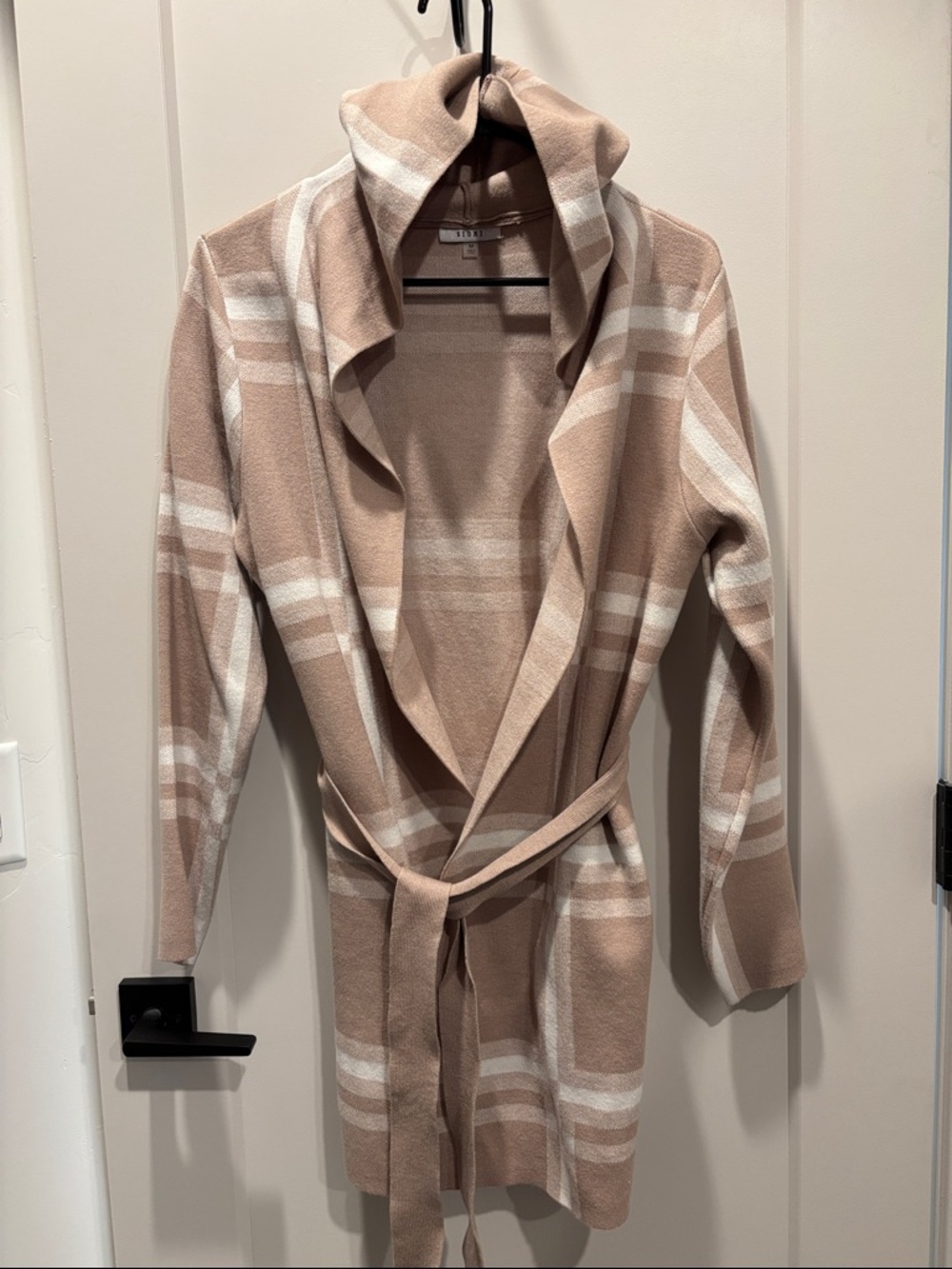 Striped Hooded Belted Cardigan - Beige Cream